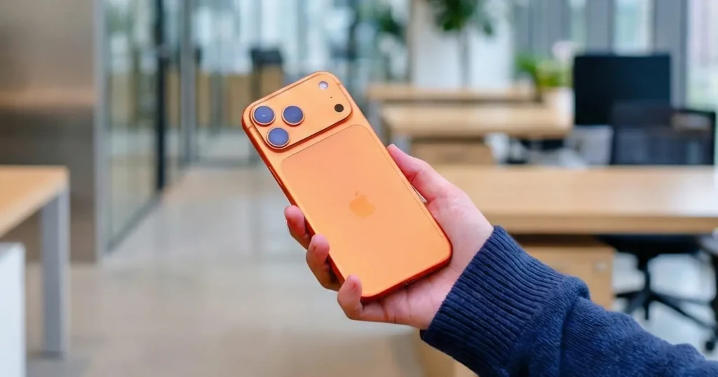 iPhone 17 Pro Max en color naranja mostrando su módulo de cámaras traseras