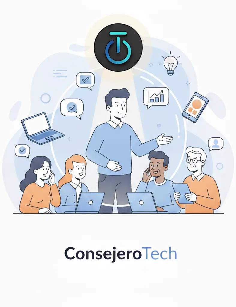 Ilustración de un asesor tecnológico guiando a un grupo de personas mientras usan sus dispositivos, con iconos de tecnología y el logo de ConsejeroTech en la parte superior.