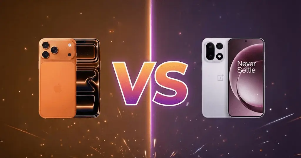 Comparativa visual entre el iPhone 17 Pro Max y el OnePlus 15 con diseño frontal y trasero enfrentados