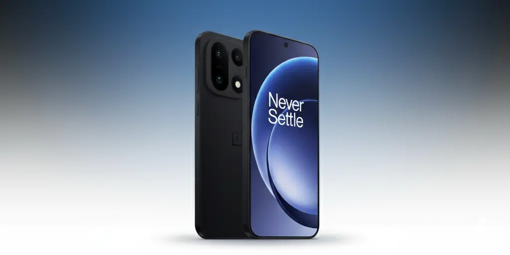 OnePlus 15 en color negro visto por delante y por detrás, con pantalla encendida y diseño del módulo de cámaras.