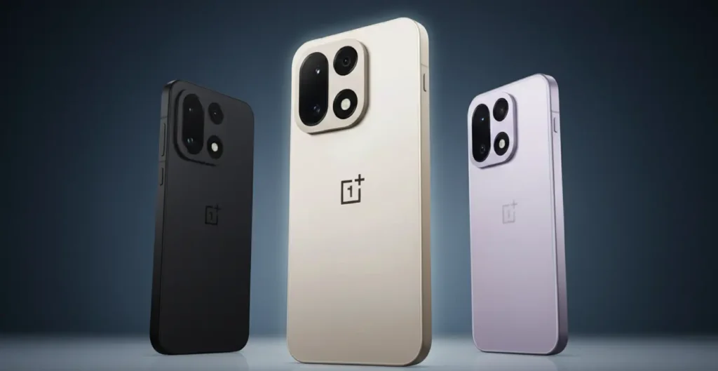 Tres OnePlus 15 en los colores Infinite Black, Sand Storm y Ultra Violet, mostrando el diseño trasero y el módulo de cámaras.