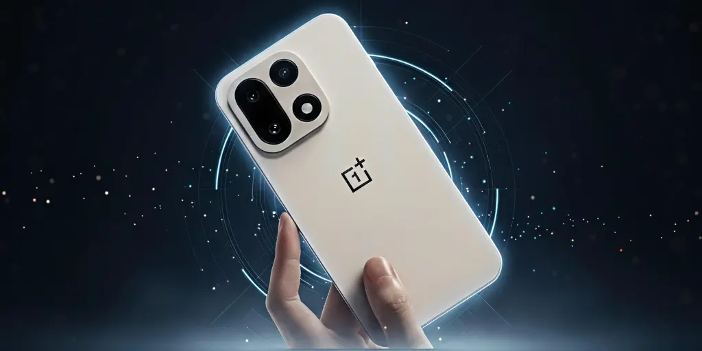 OnePlus 15 blanco sostenido por una mano, mostrando el diseño trasero y el módulo de cámaras.