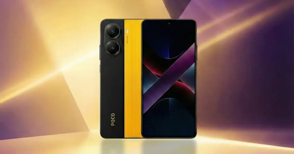 POCO X7 Pro amarillo y negro con módulo de doble cámara trasera y pantalla encendida, mostrado en posición frontal y trasera sobre fondo iluminado.