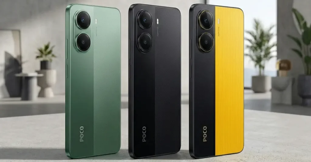 Tres POCO X7 Pro en colores verde, negro y amarillo, mostrando su parte trasera con doble cámara en un entorno interior iluminado.