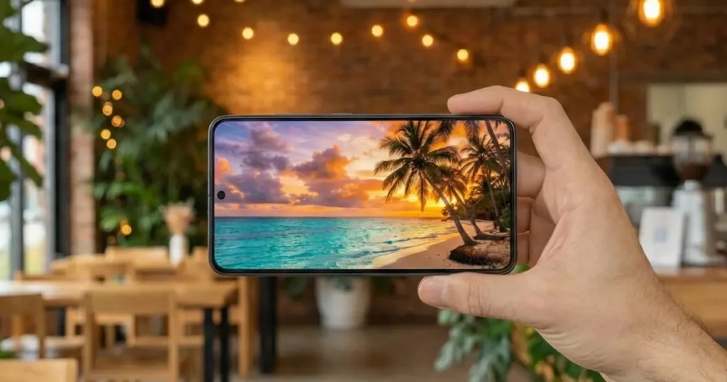 POCO X7 Pro sostenido en la mano mostrando un paisaje tropical en su pantalla AMOLED, dentro de un café iluminado.