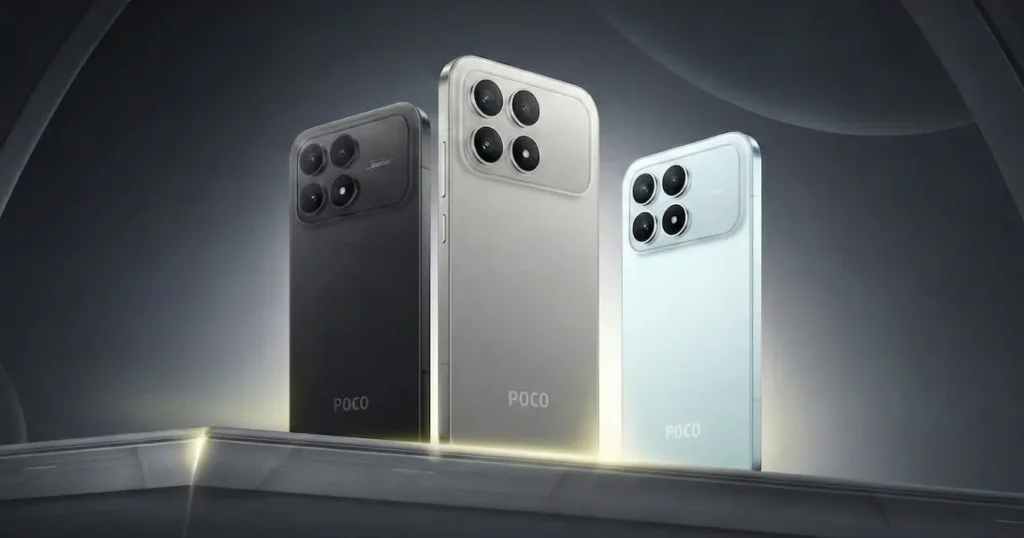 POCO F8 Pro en distintos colores con diseño trasero minimalista y módulo de triple cámara, representando la nueva generación del modelo presentado con HyperOS 3.