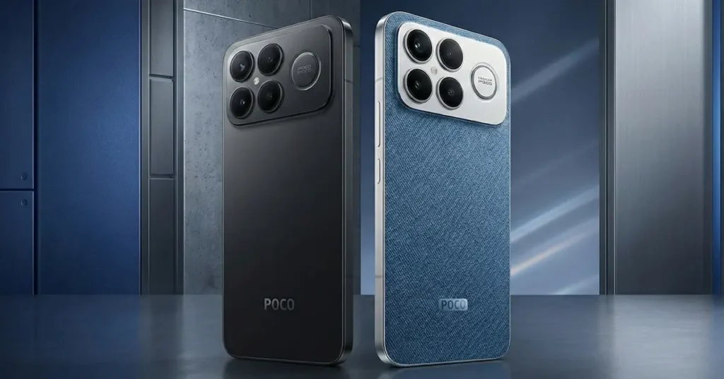 POCO F8 Ultra en acabados Black y Denim, mostrando su módulo de triple cámara trasera y diferencias de textura en un entorno industrial iluminado.