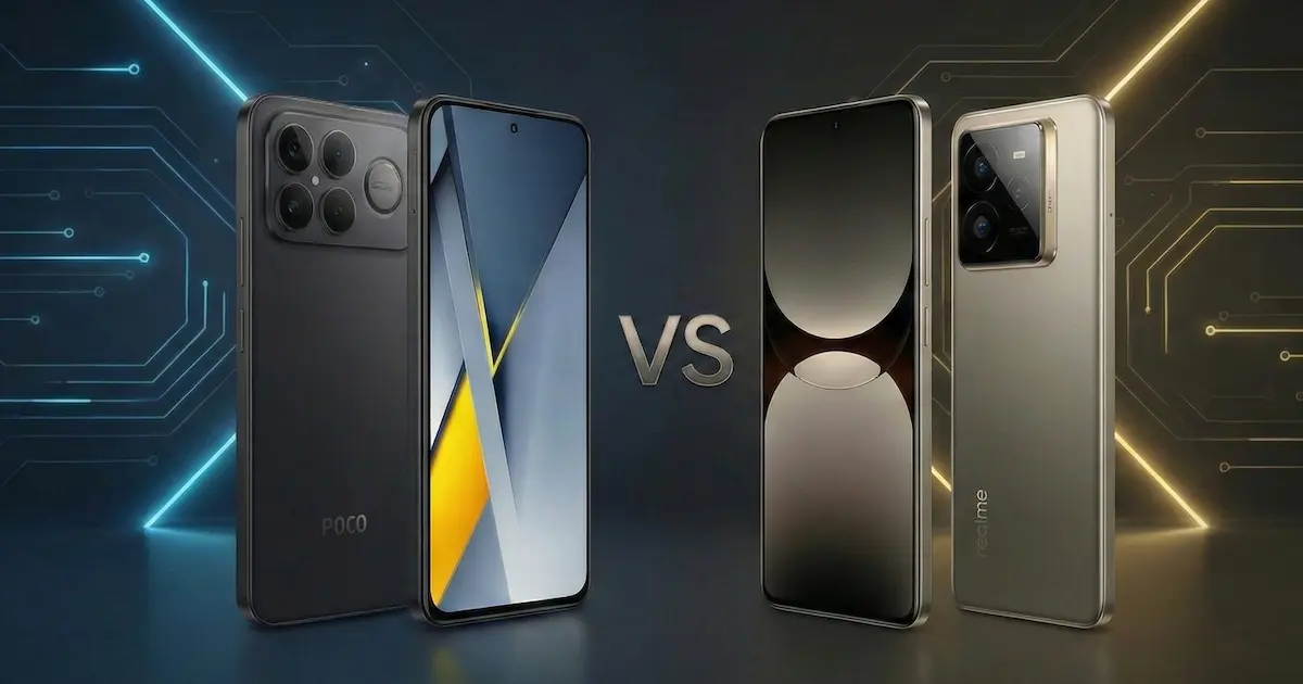POCO F8 Ultra en color negro y Realme GT 7 Pro en dorado, mostrados de frente y con sus módulos de cámara trasera, ilustrando la comparativa entre ambos gama alta.