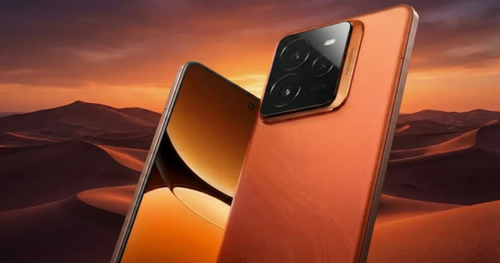 Realme GT 7 Pro en acabado Mars Orange mostrando su pantalla AMOLED brillante y su módulo de cámara trasera, sobre un paisaje cálido al atardecer.