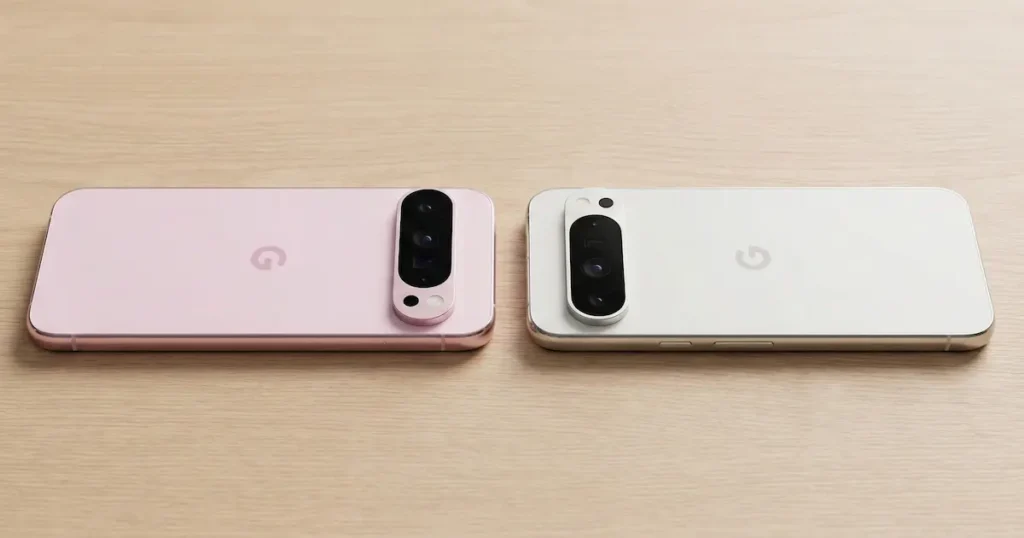 Google Pixel 9a en colores claro y rosa colocados sobre una mesa, mostrando la trasera plana y el módulo de cámara en un contexto de comparación de rendimiento.
