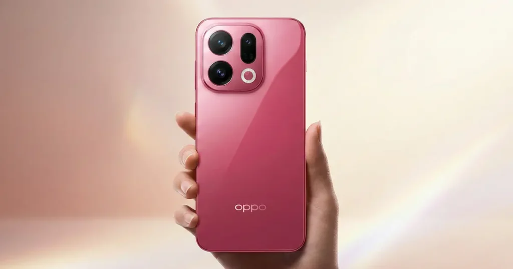 Oppo Find X9 Pro en color Velvet Red sostenido en la mano, mostrando la parte trasera con acabado mate y módulo de cámaras integrado.