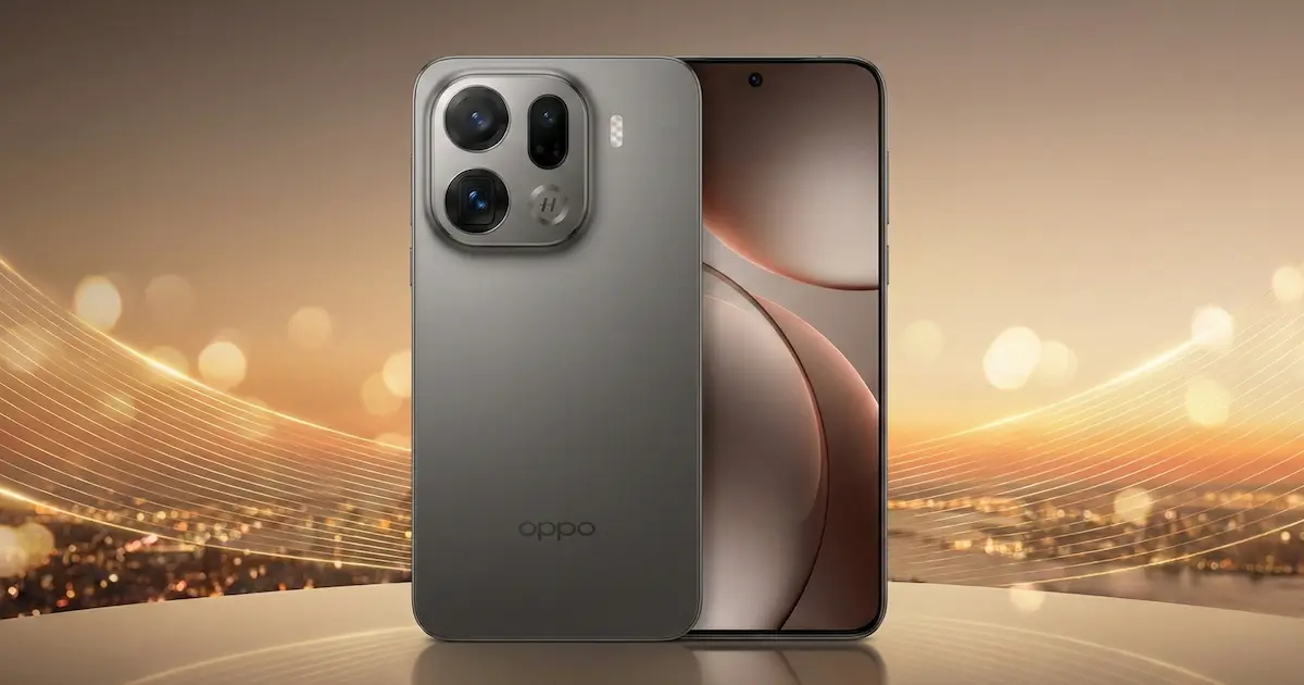Oppo Find X9 Pro en color Titanium Charcoal con diseño trasero mate y módulo de cámaras rectangular Hasselblad junto a la pantalla AMOLED encendida.