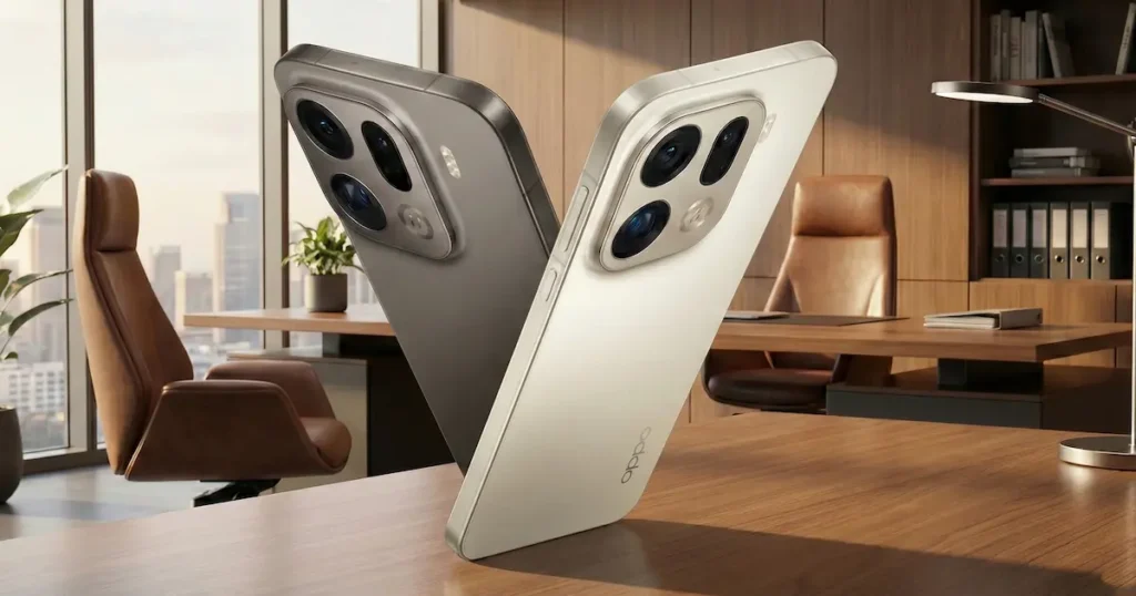 Oppo Find X9 Pro en color Silk White sostenido en horizontal, mostrando el módulo de cámaras traseras Hasselblad durante uso fotográfico.