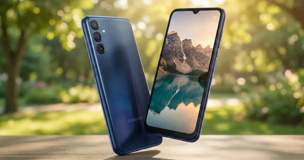 Samsung Galaxy M15 5G mostrado de frente y trasera con pantalla encendida en un entorno exterior, destacando su rendimiento estable en el uso diario.