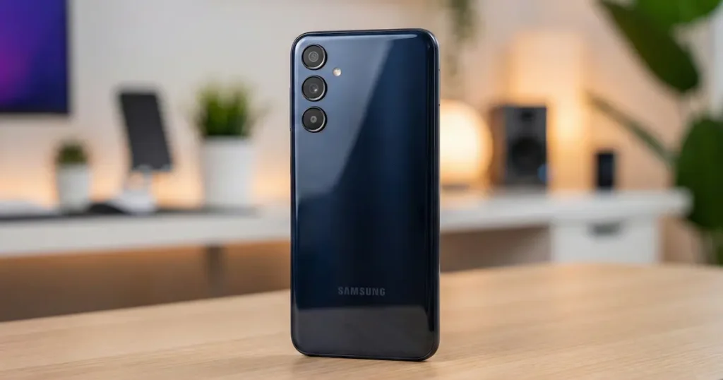 Samsung Galaxy M15 5G mostrado por la parte trasera en color azul oscuro sobre un escritorio, destacando su diseño sobrio y enfoque en software estable.