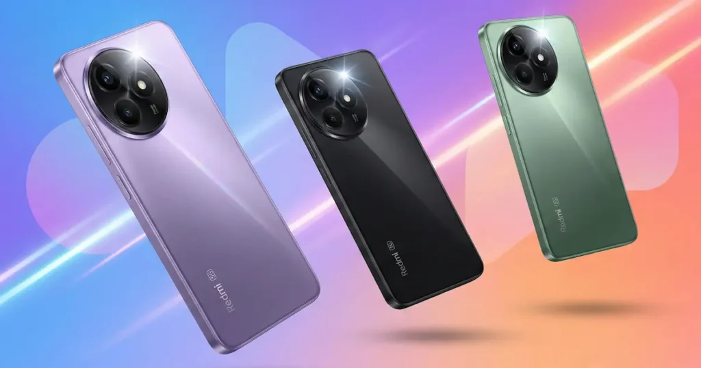 Xiaomi Redmi Note 14 5G en varios colores mostrado por la parte trasera, destacando su diseño ligero y enfoque en autonomía equilibrada con carga rápida.