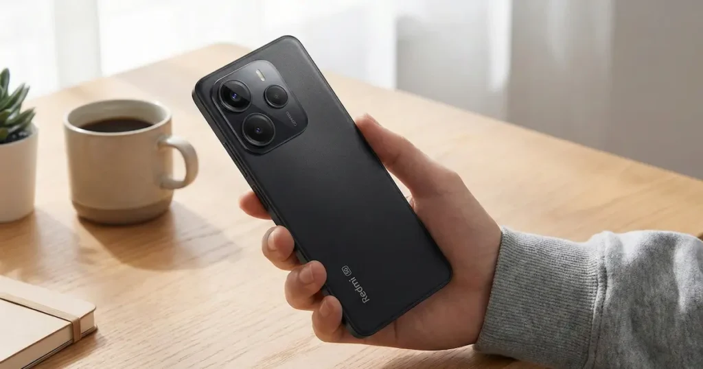 Xiaomi Redmi Note 14 5G sostenido en la mano, mostrando la parte trasera negra mate con módulo de cámara rectangular en un entorno de uso cotidiano.