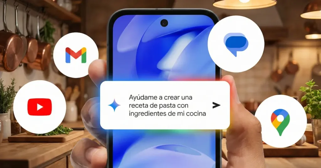 Google Pixel 9a mostrando funciones de inteligencia artificial con Gemini en pantalla, integrado con aplicaciones de Google en un entorno doméstico.