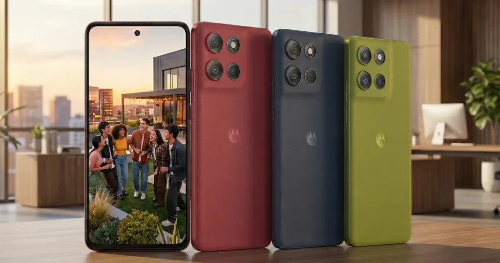 Moto G86 en colores rojo, azul y verde mostrando trasera con doble cámara y acabado texturizado junto a pantalla encendida