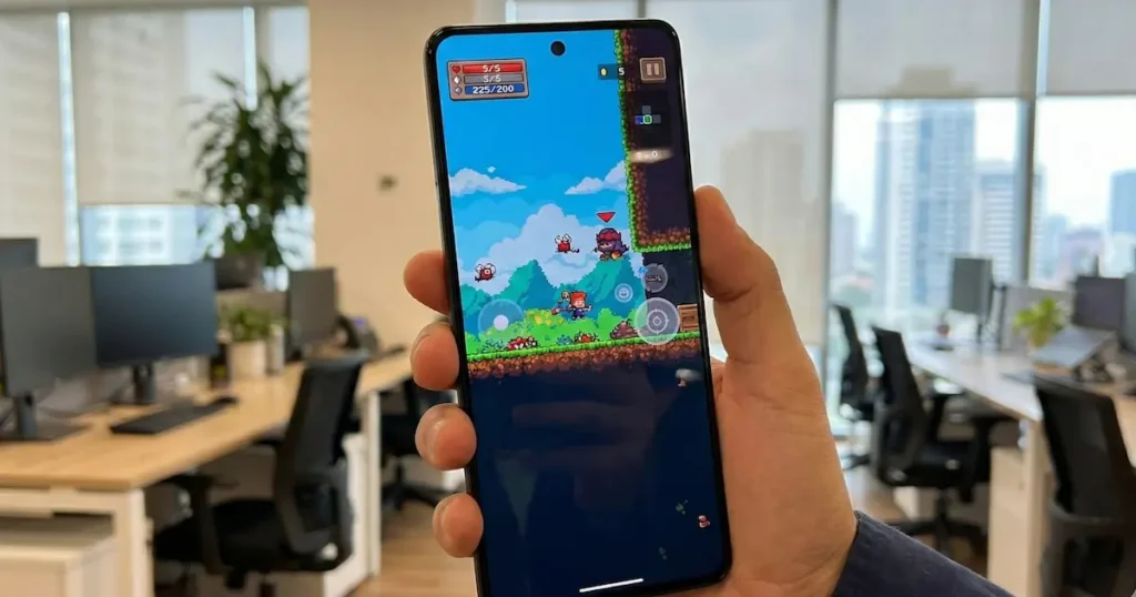 Moto G86 ejecutando juego en pantalla con gráficos coloridos y controles táctiles, mostrando fluidez en entorno de oficina