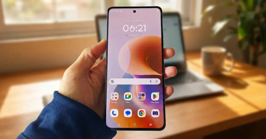 Pantalla del Moto G86 con Android 15 y Hello UI mostrando interfaz limpia, iconos de Google y cámara frontal centrada