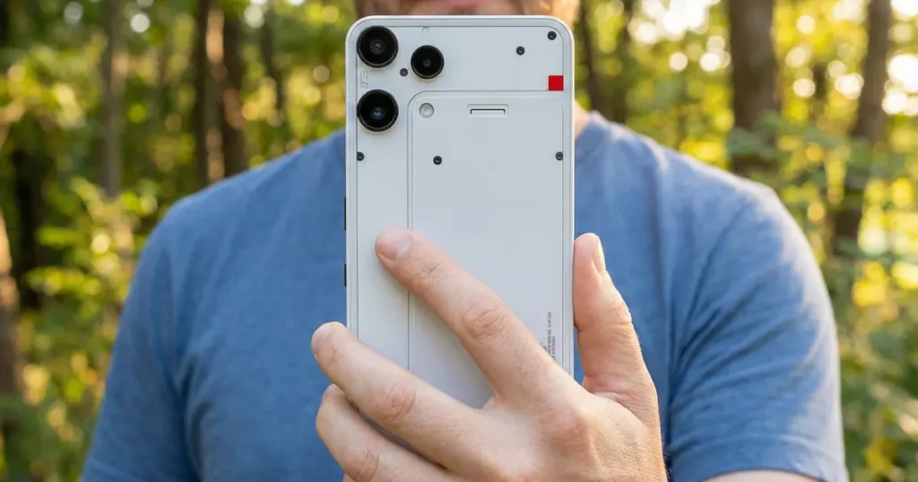 Nothing Phone (3a) Lite mostrando su módulo triple de cámara trasera con diseño semitransparente en exterior con luz natural