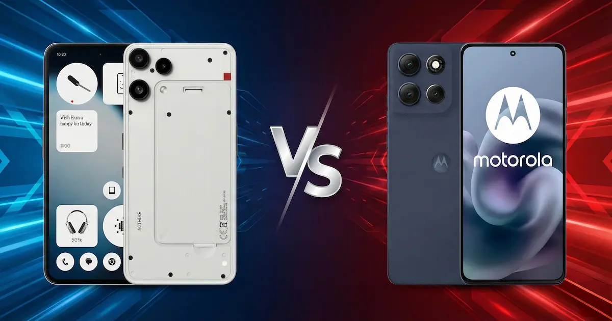 Banner comparativo Nothing Phone (3a) Lite y Moto G86 mostrando diseño trasero y frontal, módulos de cámara y pantalla AMOLED en duelo visual