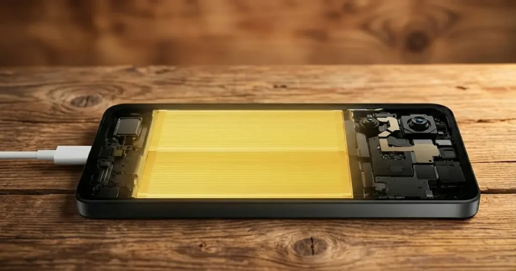 Interior del POCO X7 Pro mostrando batería de alta capacidad y componentes internos durante la carga rápida de 90W