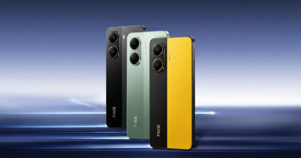 POCO X7 Pro en colores negro, verde y amarillo con acabado bicolor, mostrando diseño trasero y módulo vertical de cámaras