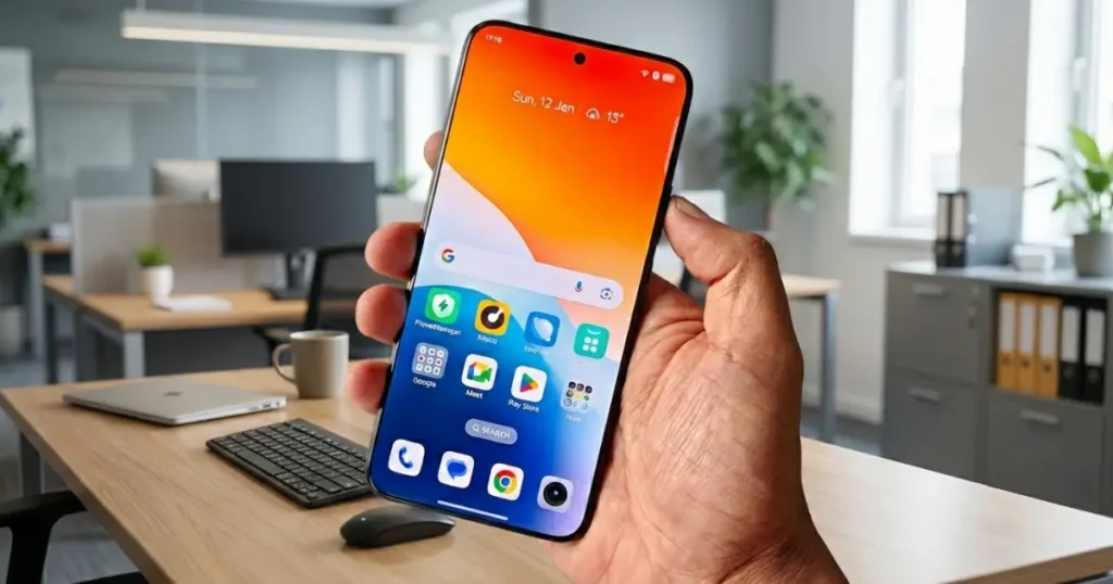 Pantalla OLED del Realme 14 Pro+ encendida con interfaz Android 15, panel 6,83 pulgadas 120 Hz y cámara frontal perforada centrada