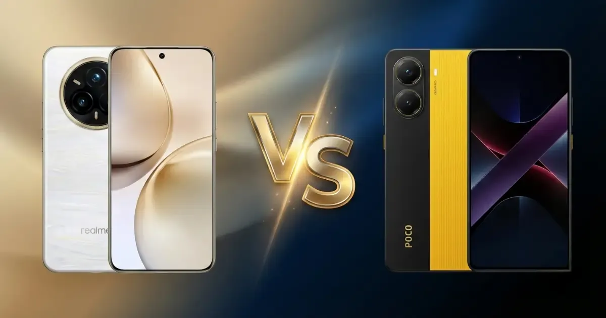 Realme 14 Pro+ y Poco X7 Pro frente a frente, mostrando diseño trasero y pantalla en comparativa de gama media con enfoque en cámaras y rendimiento