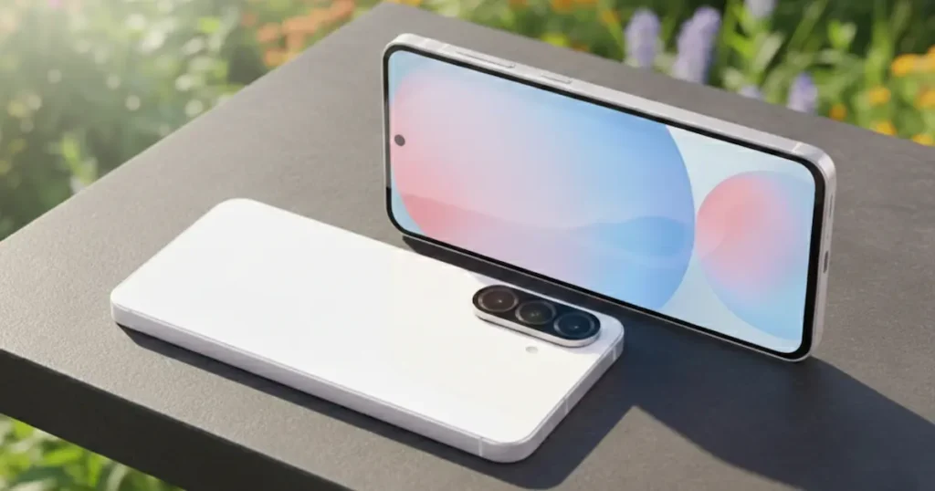 Samsung Galaxy A56 5G apoyado sobre una superficie, mostrando el diseño trasero y la pantalla encendida, en un contexto de uso prolongado.