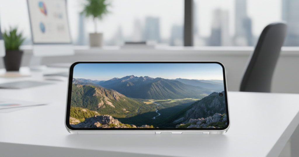 Samsung Galaxy A56 5G con pantalla encendida mostrando contenido multimedia, destacando el panel AMOLED de gran tamaño sobre un escritorio luminoso.