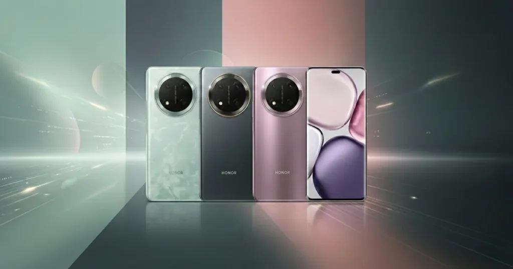 Honor Magic7 Lite en varios colores mostrando la parte trasera con módulo circular de cámaras y el frontal con pantalla AMOLED curva.