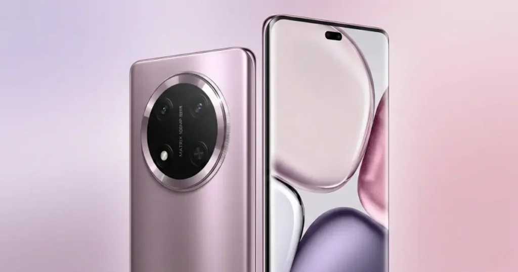 Honor Magic7 Lite mostrando pantalla con recorte frontal tipo píldora y trasera con módulo circular de cámaras sobre acabado rosa.