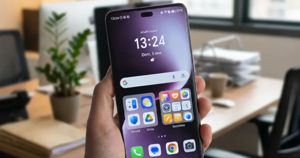 Honor Magic7 Lite sostenido en mano mostrando pantalla AMOLED curva con interfaz de MagicOS, widgets y cámara frontal en recorte tipo píldora.