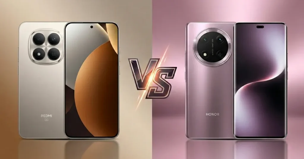 Comparativa Honor Magic7 Lite y Redmi Note 15 Pro 5G mostrando diseño frontal y trasero, módulos de cámara circulares y pantallas AMOLED en fondo dividido.