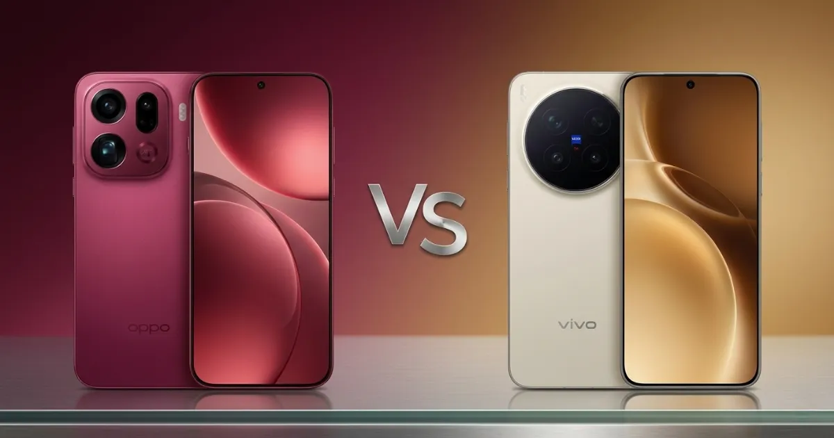 Oppo Find X9 Pro y vivo X300 Pro mostrados de frente y por detrás en imagen comparativa, destacando diseño premium y grandes módulos de cámara traseros