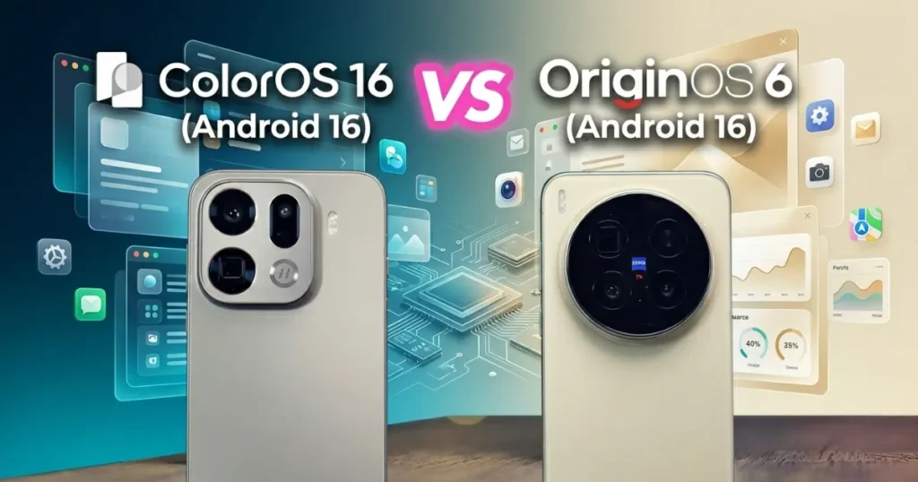 Comparativa Oppo Find X9 Pro y vivo X300 Pro centrada en software Android 16, mostrando módulos de cámara traseros y concepto visual de interfaz