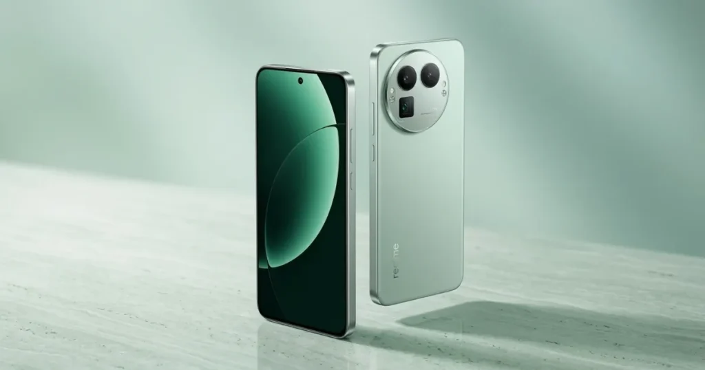 Realme GT 8 Pro en color verde con pantalla AMOLED encendida y diseño de marco plano junto a la parte trasera con gran módulo circular de cámaras.