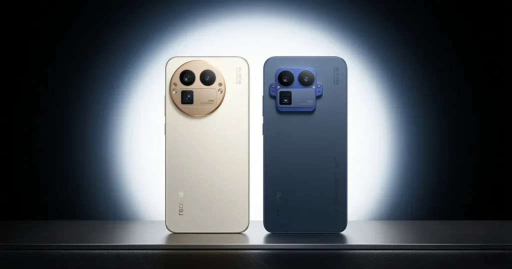 Trasera del Realme GT 8 Pro en acabados azul y beige con gran módulo circular de cámaras y diseño premium de marco plano sobre superficie oscura.