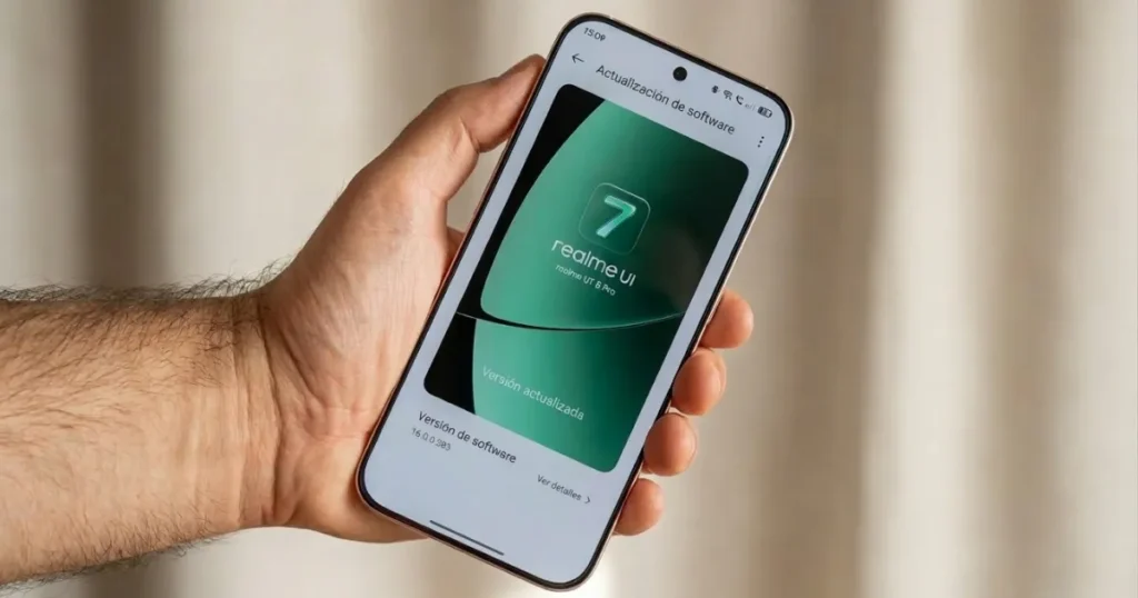 Realme GT 8 Pro sostenido en mano con pantalla AMOLED encendida mostrando actualización de Realme UI y perforación centrada en el panel.