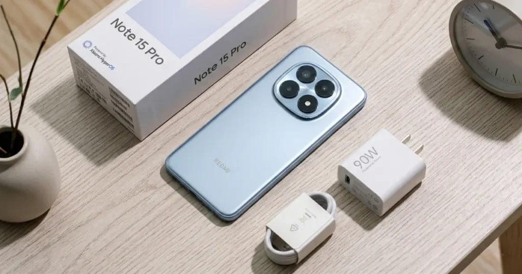 Redmi Note 15 Pro 5G sobre mesa junto a su caja, cargador y cable USB-C, mostrando el módulo de cámaras trasero en un entorno de escritorio.