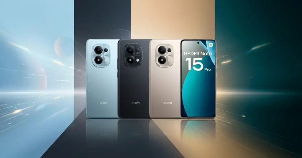 Redmi Note 15 Pro 5G en varios colores mostrando parte trasera con módulo de cámaras y frontal con pantalla AMOLED plana.