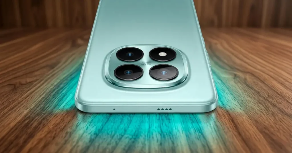 Redmi Note 15 Pro 5G en color verde mostrando de cerca el módulo trasero de cámaras con varios sensores sobre una mesa de madera.