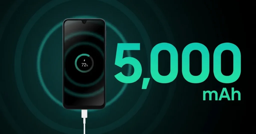 Samsung Galaxy A16 con indicador de batería en pantalla mostrando carga y capacidad de 5000 mAh durante prueba de autonomía diaria