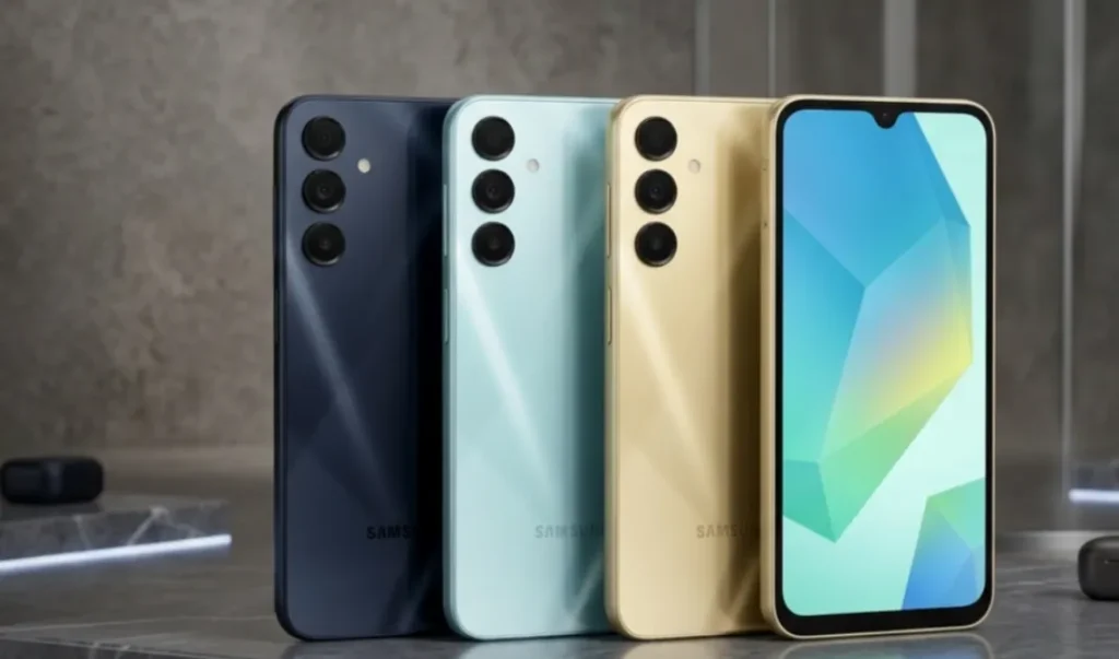 Samsung Galaxy A16 en varios colores con vista trasera y frontal mostrando módulo de cámara triple y pantalla con notch durante comparativa