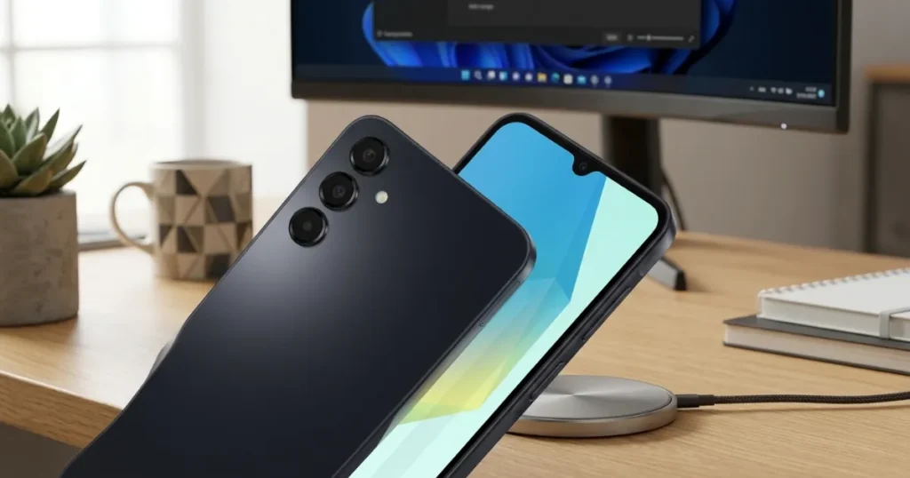 Samsung Galaxy A16 con módulo de cámara trasera triple en primer plano mostrando sensores alineados durante análisis fotográfico en comparativa