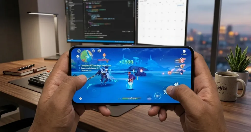 Samsung Galaxy A16 en uso horizontal con juego en pantalla mostrando interfaz gaming durante prueba de rendimiento y fluidez en uso real