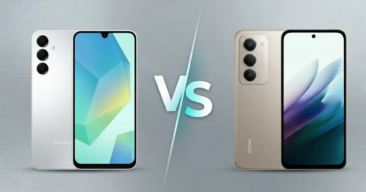 Samsung Galaxy A16 y Xiaomi Redmi 15 en comparativa con vista frontal y trasera mostrando diseño de cámaras y pantalla encendida